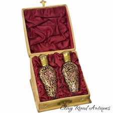 Antique Victorian Scent Perfume Bottles pair gilt cased Gilded Enamel c1890 picture