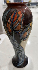 Vintage Moorcroft Red Tulip Vase Sally Tuffin c1990 Tube-Lined AS IS Chip Foot picture