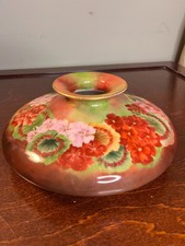 Limoges France Hand Painted Porcelain Squat Vase Floral Red Pink 9