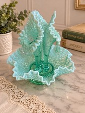 Vintage Fenton Diamond Lace Aqua Opalescent 3 Horn Epergne 11”x11” picture
