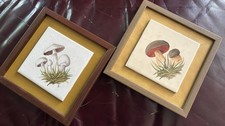 PAIR Signed Vintage Mushroom Handpainted Tiles in Frames MCM 1970s picture