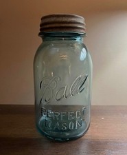 Rare 1923-1933 Antique Blue Aqua Ball Perfect Mason jar With Lid picture