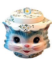 Vintage Lefton Blue Miss Priss kitty Cat Ceramic Cookie Jar #1502 Japan picture