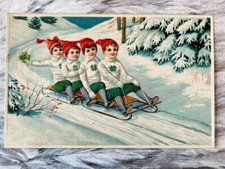 Antique New Year Christmas Postcard Embossed Boys Sled Clover Snow Germany picture