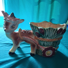 Vintage 1956 L&M Ceramic Fawn Deer Planter Flower Cart MCM Kitsch Japan Mint picture