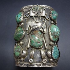 Huge Vintage SIGNED Navajo Sterling Silver TURQUOISE KACHINA Cuff BRACELET picture