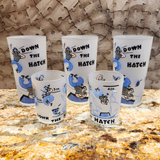 Vintage Hazel Atlas Barware Set 5 Pc Frosted Glass Down The Hatch Nautical picture