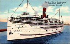 Linen Postcard S.S. City of Grand Rapids Entering Harbor Michigan City, Indiana picture