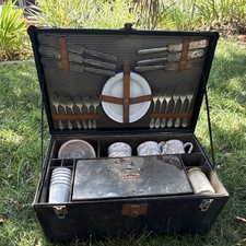 Antique 1920s Automobile Touring Picnic Set Enamelware Cutlery Fitted Case picture