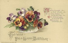 Winsch Birthday Greeting Postcard w/ Embossed Pansies Vivid Colors picture