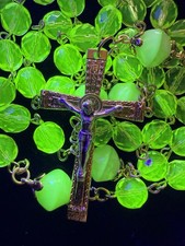 Uranium Glass Vaseline Sea Green Depression Glowing Holy  Rosary  W/Pouch  #X12 picture