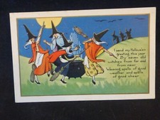 Halloween Postcard- Wicked Girlies All Having A Go Round The Old Pot picture