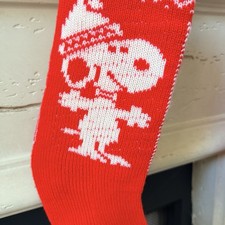 Vintage 1958 Hallmark Peanuts Snoopy Knit Christmas Stocking Red & White Pom Pom picture