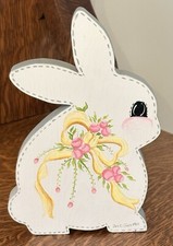 Easter Bunny Hand Painted Wood Cottage Pink Roses Ribbon 8” Tall Vtg Decor 1984 picture