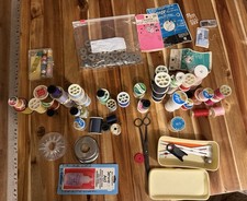 Vintage Sewing Notions Lot Thread Bobbins Snaps Fasteners Tools picture