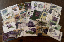 Nice~Lot of 25  Vintage~Greetings Postcards with Violets Flowers~in Sleeves~s498 picture