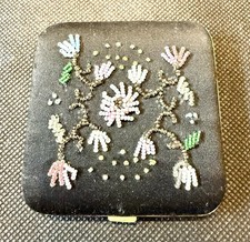 Antique Art Deco French Beaded Floral Powder Compact Mirror Made in France picture