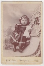 SWEET LITTLE GIRL HOLDING HER DOLL :WICKER CHAIR: HUDSON, INDIANA : CABINET CARD picture