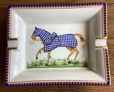 HERMES Horse Blanket Ashtray Blue Check Porcelain Tray 20cm 16cm New Unisex picture