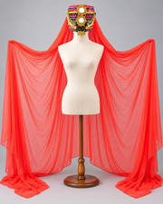 Vintage Handmade Folk Art Headdress Hat Mirror Coin Beaded Red Veil Costume picture