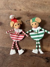 2 VTG 1940s FLOCKED ELF MOUSE CHRISTMAS ORNAMENTS MADE IN JAPAN 4 1/2