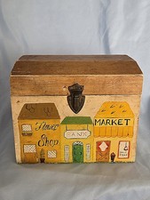 Vintage 1970's Folk Art Wood Keepsake Box Hand Painted Wrap Around Village Shops picture