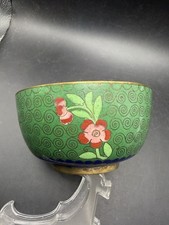 Vintage Chinese Cloisonne Brass Bowl Green Floral Turquoise Marked CHINA picture