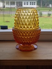 VTG Amber Indiana Glass Diamond Point Fairy Lamp Candle Holder  picture