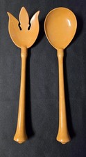 Vtg 1970s Harvest Gold Melamine Salad Servers MCM Tulip Fork/Spoon Set Retro picture