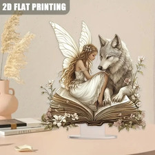 Fairy & wolf 2d flat acrylic plaque - desktop display sign ornament decor picture