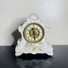 Vtg 1890s Waterbury Parlor Mantel Clock Porcelain W/Pendulum Floral BEAUTY picture