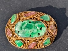 Antique Chinese Export Silver Filigree Jade Jadeite Pink Tourmaline Brooch picture