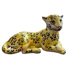 Vintage Hand Painted Glazed Ceramic Leopard Figurine, Yellow Black White Spotted picture