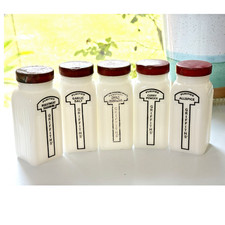 Vintage 5 Milk Glass Purified Spice Jars Seasoning Red Metal Caps Griffiths 4in picture