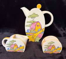 Clarice Cliff Wedgwood Pink Roof Cottage Bonjour Coffee Set 1990 Reproduction picture