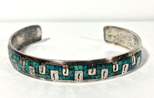 Irene Curly Navajo sterling silver turquoise inlay cuff bracelet vintage artisan picture