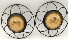 Vtg Set of 2 Antique Carriage Prints Convex Glass Black Metal Frames Wall Decor picture