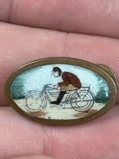 Antique Original RARE Celluloid Early Motorcycle Racer Graphic Lapel Cap Pin Oil picture