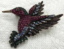 Vintage Style Hummingbird Brooch Pink Green AB Rhinestone Gold Tone Bird Pin picture
