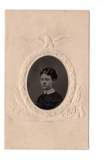 1/16th plate tintype sad young lady civil war embossed mat eagle, advertising picture