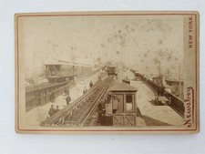 1880s antique BROOKLYN BRIDGE nyc TRAIN TRACKS rr ALBUMEN CABINET CARD newsboy picture