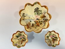 Vintage Japanese Hand Painted Porcelain Footed Bowls Geisha Landscape Set of 3 picture