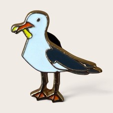 Seagull with French Fry Enamel Lapel Pin Funny Beach Bird Thief Novelty Pin picture