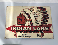Indian Lake Ohio State Park Original Advertising Sign Beige Red Black White picture