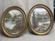 Homco Home Interiors Oval Gold Frames Cottage Stream Scenery 11 x 9 Wall Art Set picture