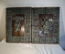 Pair Vintage Original Zarebski Mayan Crushed Malachite Wood Wall Plaques picture