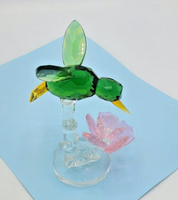 RARE  Sorelle Crystal Green Hummingbird Figurine Pink Flower Signed 4 -3/4