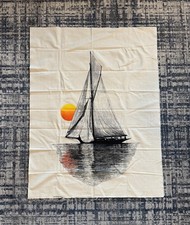 Vintage 70s Tamarack Signed Silk Screen Canvas Wall Hanging Sunset Sailboat Art picture