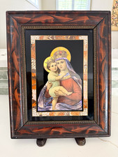 Antique Framed Victorian-era butterfly wing folk art collage Madonna & Child picture