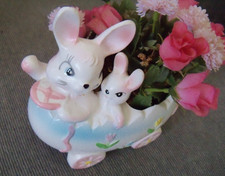 Relpo Japan 1960's Vintage Ceramic Easter Planter/Pot Bunny's Driving Egg Car picture